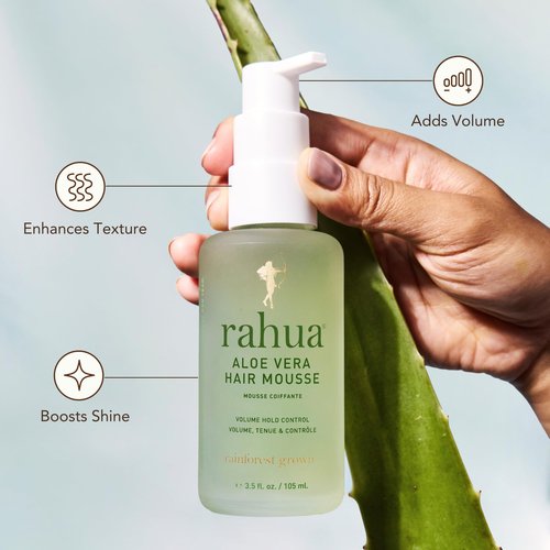 Rahua Aloe Vera Hair Mousse, Lightweight Volumizing Vegan Styling Foam for All Hair Types, Adds Texture, Lift & Shine, Alcohol Free Flexible Hold with Sugarcane & Guayusa Antioxidants, 5.5 Fl Oz
