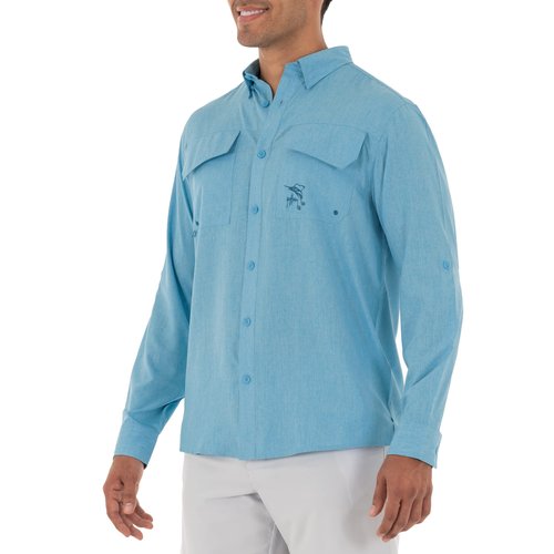 Guy Harvey Men's Long Sleeve Heather Textured Cationic Fishing Shirt, Bonnie Blue, Large
