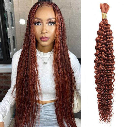 Deep Wave Bulk Human Braiding Hair 50g 20 Inch Color 350 Human Braiding Hair for Boho Braids 1 Bundle/Pack No Weft 100 Percent Brazilian Human Braiding Hair Extensions for Micro Braiding