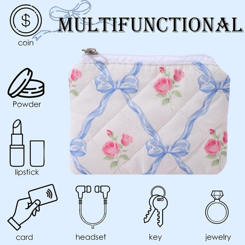 LYDZTION Cute Quilted Coquette Bow Cotton Makeup Bag with Purse Pouch - Aesthetic Stuff Travel Essentials Storage Bag for Lipstick Brushes, Blue