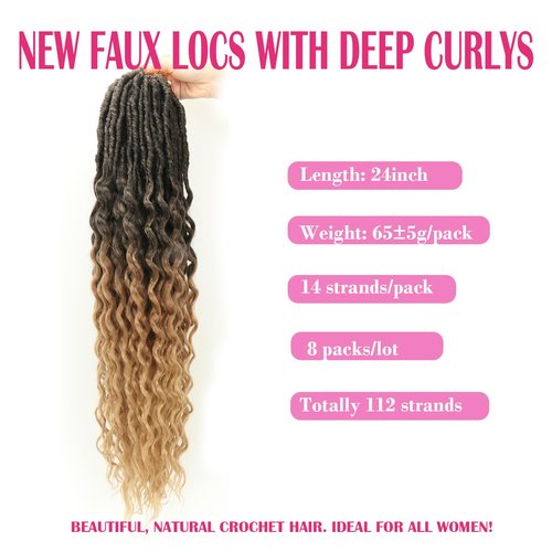 New Faux Locs Crochet Hair 24 Inch 8 Packs Soft Locs Long Deep Waves Goddess Ombre Prelooped Synthetic Dreadlock Extensions (24inch, 1B27)