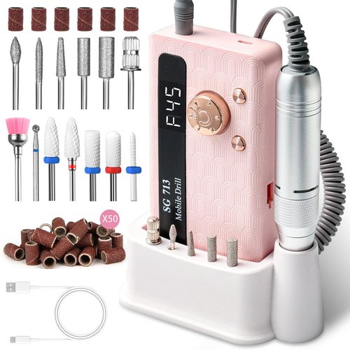 Electric Nail File Professional Kit - Professional 45000RPM Portable Nails Drills Kit with 11 Bits & Base LED Screen Cordless E Filer for Gel Acrylic Nails Remover Home Salon Manicure Pedicure Tools