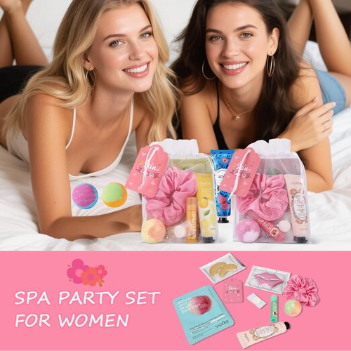 Jutqut 60PCS Spa Party Supplies for Girls, Include Facial Masks, Lip Mask, Under Eye Patches, Lip Balm, Foot Bath Bombs, Hand Cream, Compressed Towel, Hair Band, Sleepover Party Supplies for Girls