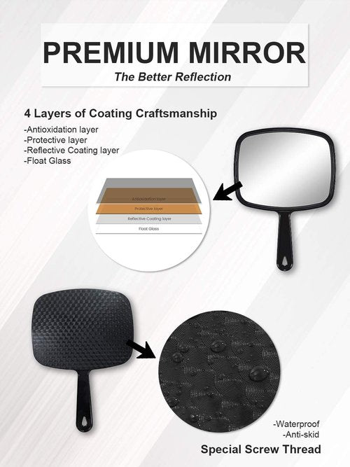MIRRORNOVA Hand Mirror, Barber Hairdressing Handheld Mirror with Handle for Salon, Square, Black, Large