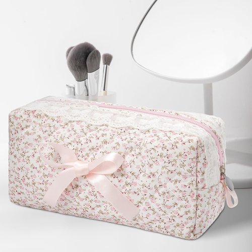 SXS LACONIC Quilted Makeup Bag,Travel Coquette Cosmetic Brush Pouch,Cute Bow Floral Make up Organizer Handbag,Large Capacity Toiletry Bag