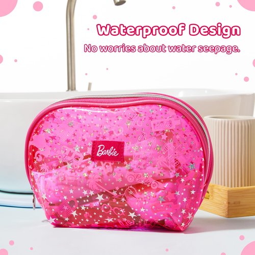 MINISO Barbie Collection Translucent Cosmetic Bag Makeup Bag Zipper Cute Pouches Chic Rose Red Beauty Organizer Travel Toiletry for Girls Women
