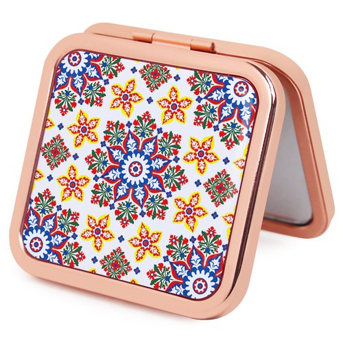 PDOZV Purse Mirror Compact, Rosegold Square 2.8”×2.8” Metal Frame DropRubber Style Double Sided 1X/2X Small Mirror for Purse (Ethinc01)
