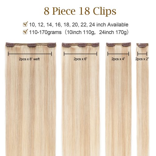 MY-LADY Double Weft 100% Remy Human Hair Clip in Extensions Highlight Full Head Thick Short Soft Silky Straight 8pcs 18clips(12" / 12 inch 110g,#18/613 Light Ash Blonde/Bleach Blonde)