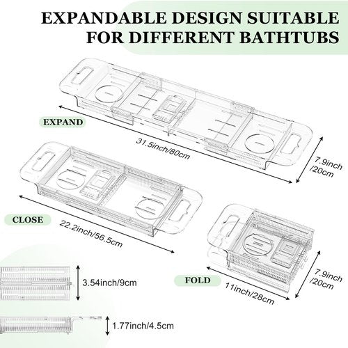 Expandable Drain Bath Caddy Tray for Tub, YOCOMEY Multifunctional Acrylic Bathtub Tray Bathroom Organizer, Simple Bathtub Table Trays Storage Rack for Candle Towel Book Wine Phone Shower(Clear)