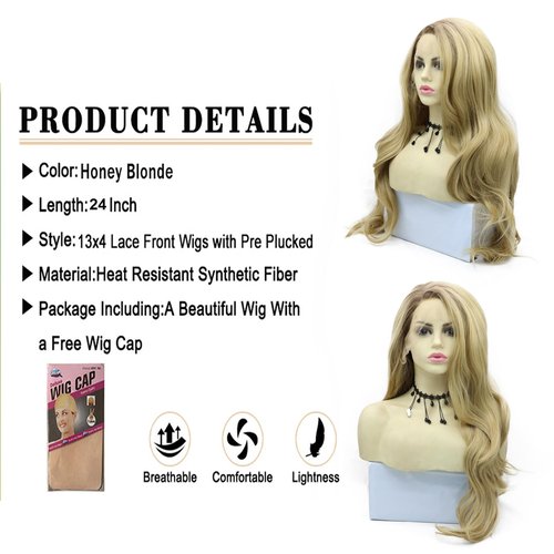 Honey Blond Lace Front Wigs for Women Long Wavy Blonde Synthetic Lace Front Wig Ombre Highlight Hd Lace Frontal Wigs Pre Plucked 24 Inch Body Wave Real Hair Glueless Heat Resistant Daily Wear Use