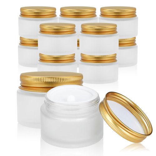 RAMFIYN 12 pack Small Clear Frosted Glass Cosmetic jars with Golden Metal Lids 2oz Bulk for Sample Lotion Cream Travel Jar Cosmetic Container
