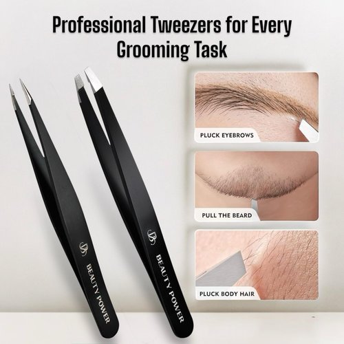 Beauty Power Precision Tweezers for Women Facial Hair & Men - Professional Tweezers Set with Slant & Point Tips, German Stainless Steel, PU Leather Travel Case, Lightweight & Ultra Precision Black