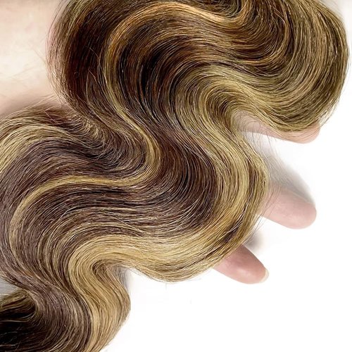 Dokksiiia Honey Blonde Body Wave Bundles Human Hair Ombre P4/27 Dark Brown and Honey Blonde (#4 & #27) Mix Highlight Piano Color Bundles Brazilian Human Hair Extensions 10 12 14 Inch for Black Women