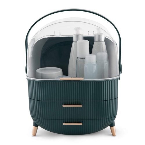Navaris Makeup Organizer Storage Box - Cosmetics, Skincare and Beauty Case with Clear Lid Display and 2 Drawers - Bathroom Counter or Vanity - Green