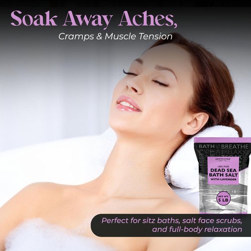 Aromasong Pure Dead Sea Salt for Soaking with 100% Natural Lavender, 5 LB - Spa Bath Salt Fine Grain - Body Wash Scrub - Soak for Women & Men- Bulk Resealable Pack (Packaging May Vary)