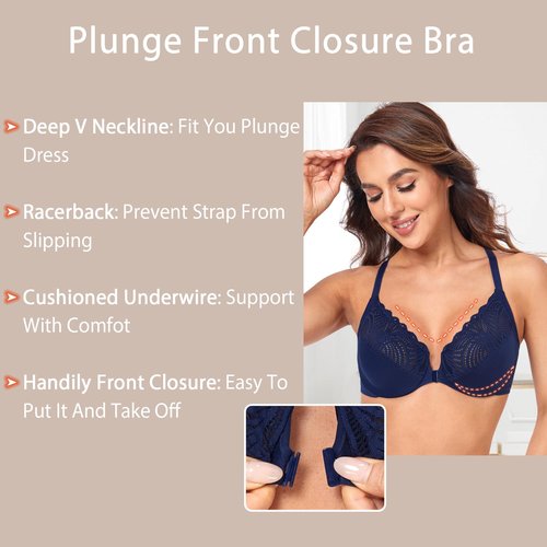 HACI Women's Front Closure Bra Underwire Unpadded T-Back Plus Size Lacy Full Coverage Racerback T-Shirt Unlined(Blue,34DD)
