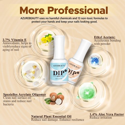 AZUREBEAUTY 5 Pcs Dip Powder Liquid Set - 15ml/0.5oz Large Capacity Dip Base Coat, Top Coat, Bond, Activator, Brush Saver for Dip Nail Kit Salon Home No Nail Lamp Needed