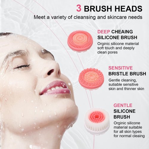 Facial Cleansing Brush, 3 in 1 Electric Face Scrubber with 3 Brush Heads for Women/Men, Waterproof Rechargeable Face Cleansing Brush for Dry Oily Sensitive Skin (Pink)
