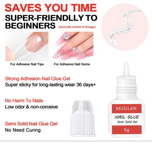 4PCS Semi Solid Nail Glue for Press On Nail,Super Strong & Quick Drying Nail Glue for Fake Acrylic Nails & Nail Tips Professional Nail Gel for Stick On Broken Nails No Need for UV Lamp - Long Lasting
