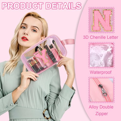 XANGNIER Clear Personalized Makeup Bag Initial Travel Toiletry Bag, 8.8''X2.7''X5.3''Size Pencil Pouch With Zipper and Handle Straps, Pink Gifts For Girlfriend Teacher Mom Brithday Mothers Day,D