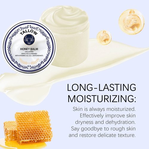 Grass Fed Honey & Tallow Balm -Beef Tallow Beeswax and Honey Moisturizer, Organic Beef Tallow Moisturizer for Face & Body Lotion Skin Care for Sensitive Skin