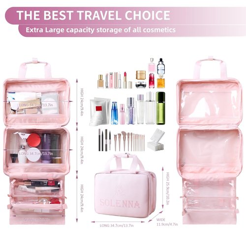Solenna Pink Travel Toiletry Bag for Women Girls, Large Waterproof Leather Makeup Cosmetic Bag with 2 Removable Clear Bags, Portable Hanging Make Up Bag Bathroom Shower Toiletries Travel Organizer