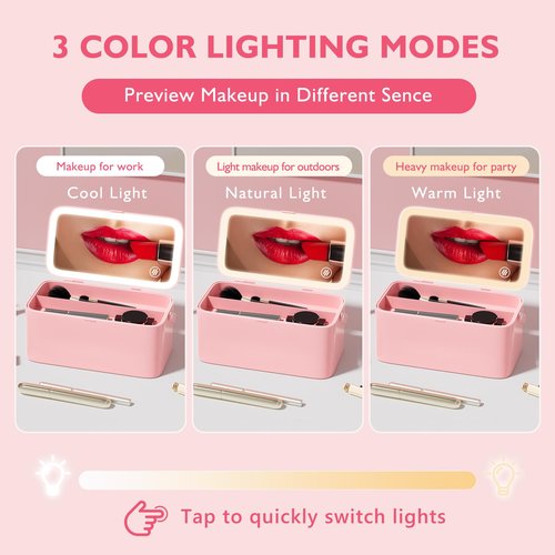 Bdjso Makeup Case with Mirror and Light - Portable Cosmetic Box Rechargeable with 3 Color Mode and DIY Partitions for Women Girls (Pink B)