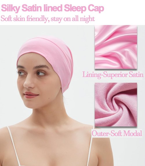 Satin Lined Sleep Cap Bonnet for Sleeping Women, Silk Satin Bonnet for Curly Braids Hair Wrap Cover Night Cap Slouchy Beanie Pink