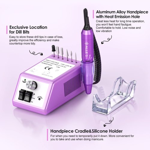 20000 RPM Professional Nail Drill Machine Efile Electric Nail Filer Kit for Finger Toe Nails, Acrylic Gel Dip Nails, Manicure Pedicure Drill with 6Pcs Bits and 106Pcs Sanding Bands, Purple