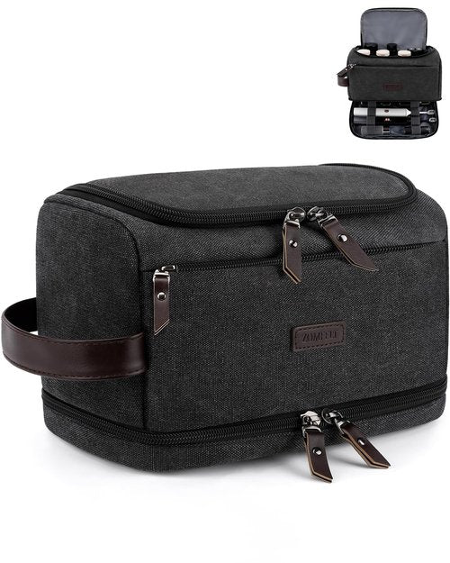 ZOMFELT Toiletry Bag for Men, Dual Layers Canvas Travel Toiletries Bag, Water-Resistant Travel Organizer with Elastic, Large Capacity Dopp Kit, Hanging Shaving Hygiene Bag, Black