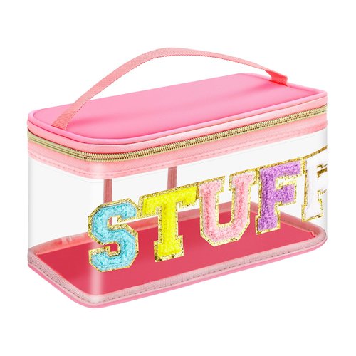 libfrnt Chenille Letter Clear Makeup Bags, Preppy Pink Stuff Bag Chenille Patch Makeup Bag Travel Cosmetic Bag with Handle Zipper Waterproof TPU Toiletries Organizer Pouch for Women Girl