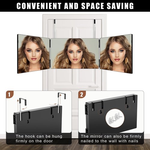 OLIBUY 3 Way Mirror for Hair Cutting, Three Way Mirror for Shaver and Makeup, Height Adjustable with Two Hold Nails, 360 Viewing Angle, Clear Anti-Fog HD Glass