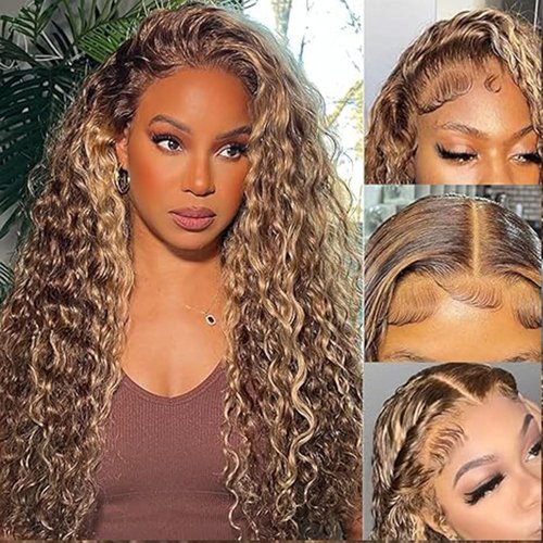 Highlight Wig 16 Inch P4/27 Deep Wave Human Hair Wig Blonde 200% Density Lace Front Wigs 4x4 Lace Closure Wigs Glueless with Baby Hair Human Hair Pre Plucked For Black Women