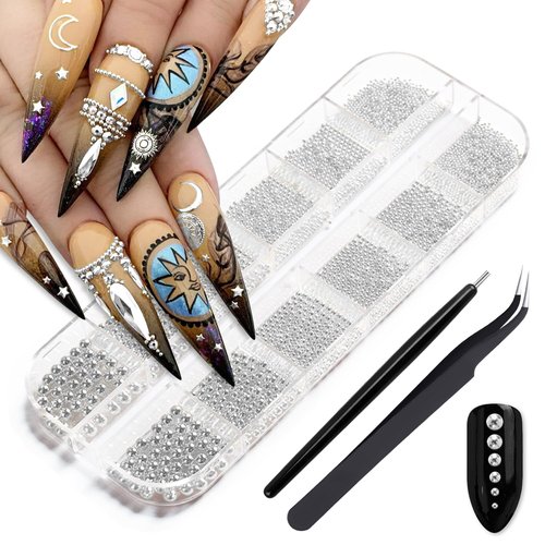 Silver Nail Charms Small Caviar Beads for Nails Art Metal Pearls Nail Beads Gems Mini Round Balls Charms for Nails Decorations with Nail Magnetic Pen & Tweezer