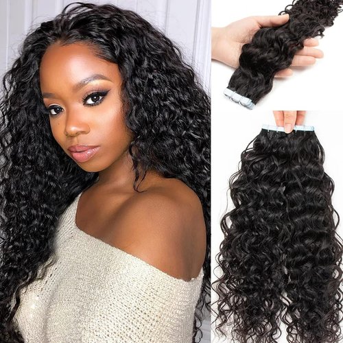 Curly Tape in Hair Extensions Human Hair for Women Water Wave Double Side Skin Weft Tape on 16 Inch Real Virgin Hair Deep Water Wave Invisible Seamless Hair Extensions 50g 20pcs