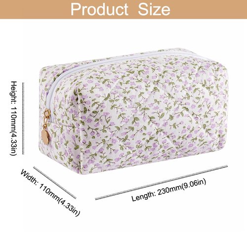 HHQQWZ Cute Floral Cotton Makeup Bag for Women, Travel Cosmetic Bag Quilted Zipper Make Up Pouch, Pink Purple Floral Flowers Toiletry Organizer Kawaii Makeup Cosmetic Travel Cloth Bag (Purple)