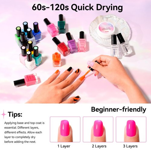 Nailshion Nail Polish 16 Colors Rainbow Air Dry Regular Nail Polish Set with Base Top Coat & Remover Pads| White Red Classic French Fingernail Polishes Non-gel Bulk Gift for Nail Art Lovers