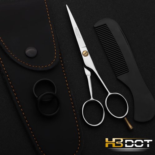 HB DOT - Professional Mustache Scissors, 5 Inches Black Mustache Beard Scissors, German Stainless Steel Beard Scissors for Men with Case, 2 Combs (Silver Shine)