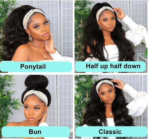 Justres Headband Wigs for Black Women Human Hair 16 Inch Glueless Body Wave Headband Wig Human Hair 100% Brazilian Virgin Hair Machine Made Head band Wig 150% Density