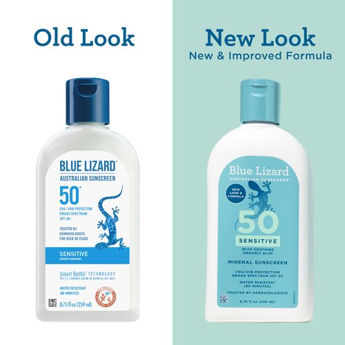 Blue Lizard SENSITIVE Mineral Sunscreen with Zinc Oxide, SPF 50+, Water Resistant, UVA/UVB Protection with Smart Bottle Technology - Fragrance Free, 8.75 oz.