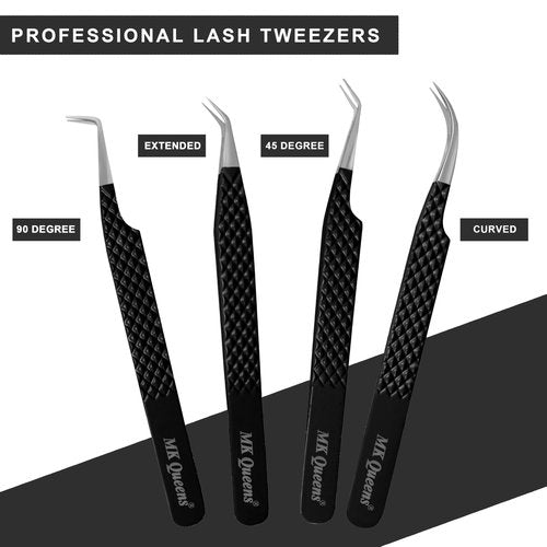 Fiber Tip Lash Tweezers for Eyelash Extensions with Diamond Grip, Set of 4 Precise Tips Japanese Steel for Classic, Volume & Mega Volume Lashes, Ideal Tweezers Set for Lash Artists (4, Black)