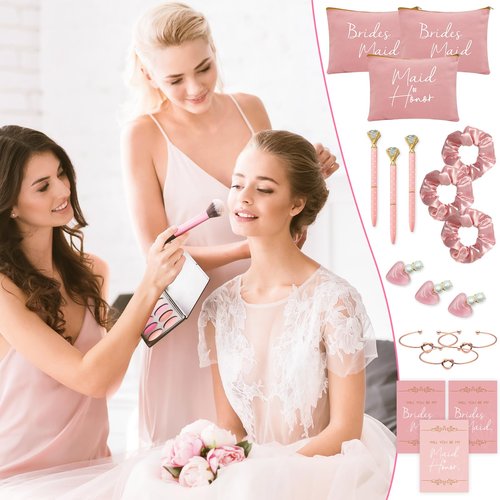 KIKINIKO Bridesmaid Gifts Set of 6 Pink, Total 42 pcs, Bridesmaid Proposal Gifts Contain 16oz Glass Cups Cosmetic Makeup Bags Invited Cards Scrunchies Hair Knotted Bracelets Diamond Pens love clip