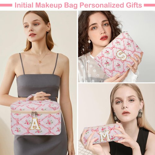 Junesters Personalized Initial Makeup Bag Set, Quilted Makeup Bag, Large Floral Cosmetic Bag for Women, Cute Cotton Custom Make up Bags, Flower Travel Toiletry Bag Teen Girl Gift Trendy Stuff Gift C