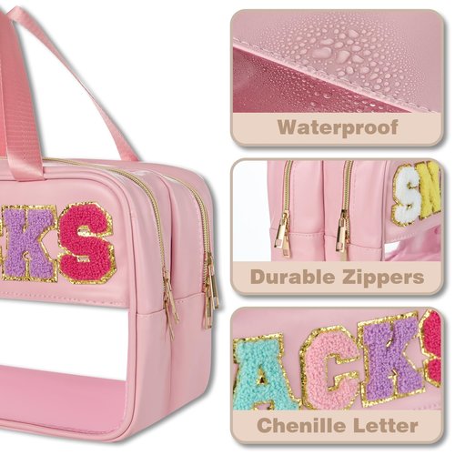 Snack Bags for Travel Varsity Letter Pouch Clear Toiletry Bag Snacks Bag Pouch, Preppy Clear Cosmetic Bag, Large Travel Bags for Women