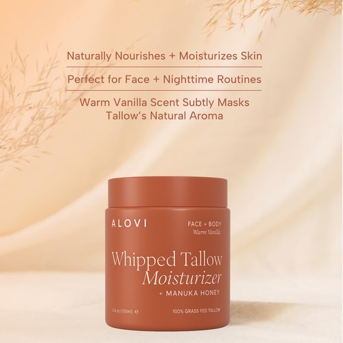 Whipped Tallow Moisturizer, Grass Fed Beef Tallow for Skin, Tallow Face Moisturizer, Beef Tallow and Honey Balm for Face & Body, Infused with Manuka Honey, Calendula & Almond Oil, Warm Vanilla Scent