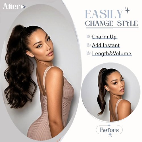 Rich Choices Ponytail Extension 100% Real Human Hair Wrap Around Remy Ponytail Extension for Women Clip In Long Pony tail Extensions Straight 15 Inch #2 Dark Brown