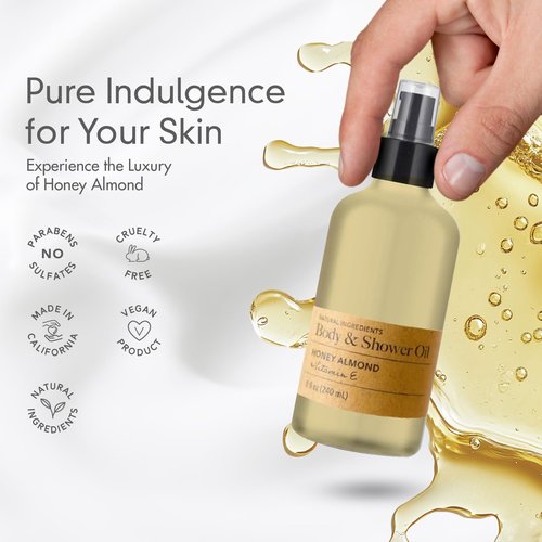 Olivia Care Nourishing Honey Almond Body Oil with Vitamin E: In-Shower Bliss for All Skin Types - 8 Fl Oz. (Honey Almond and Vitamin E)