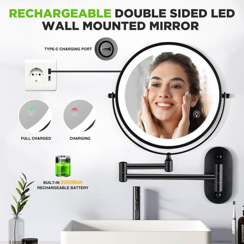 VORREMIRR Wall Mounted Makeup Mirror: 1x/15x Magnifying Mirror with 8.5" Double Sided, Vanity Makeup Mirror for Bathroom, Brush Black
