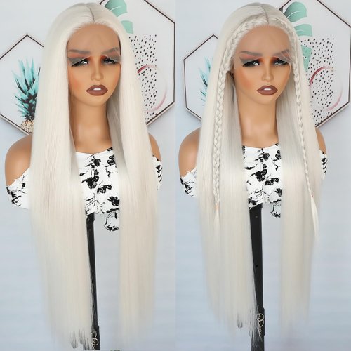 Lezaxiu 30 Inch Platinum White Lace Front Wigs Pre Plucked Long Straight Hair Wig Glueless White Colored Wigs Heat Resistant Synthetic Lace Front Wigs for Black Women