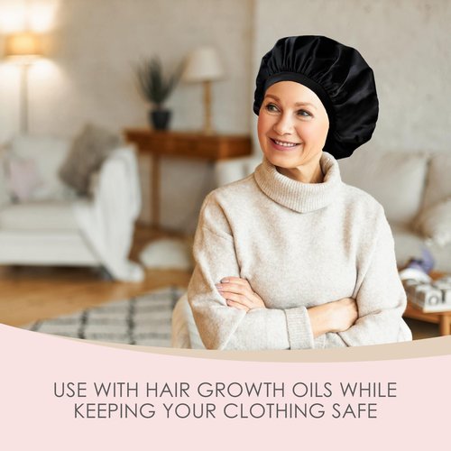 Only Reusable Oil Proof Nightcap, Protective Hair Bonnet and Shower Cap Too. Leakproof, Oilproof, and Waterproof. Larger Area to Accommodate Long Hair, Comfort Elastic Band (Medium to Large) Black